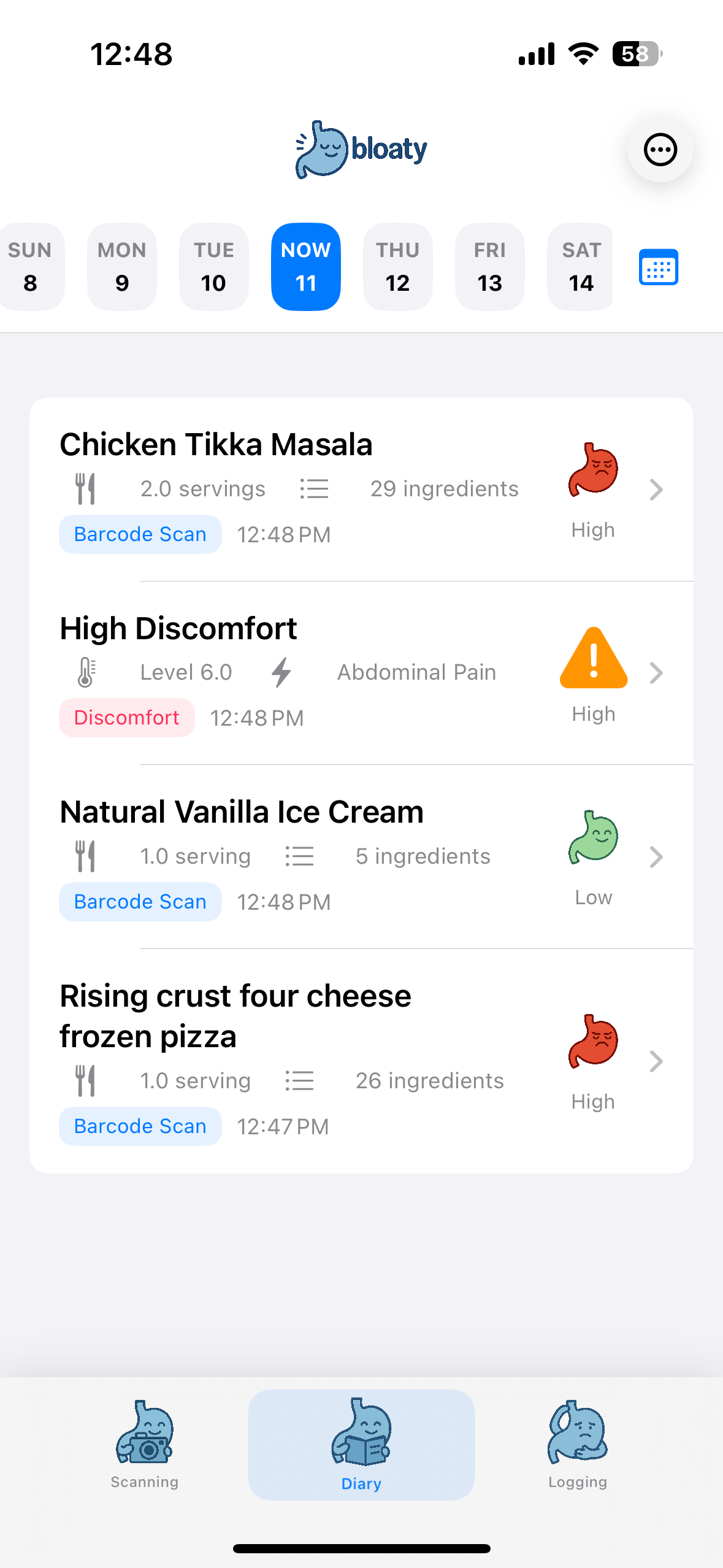 Food Diary screenshot – bloaty IBS FODMAP Tracker